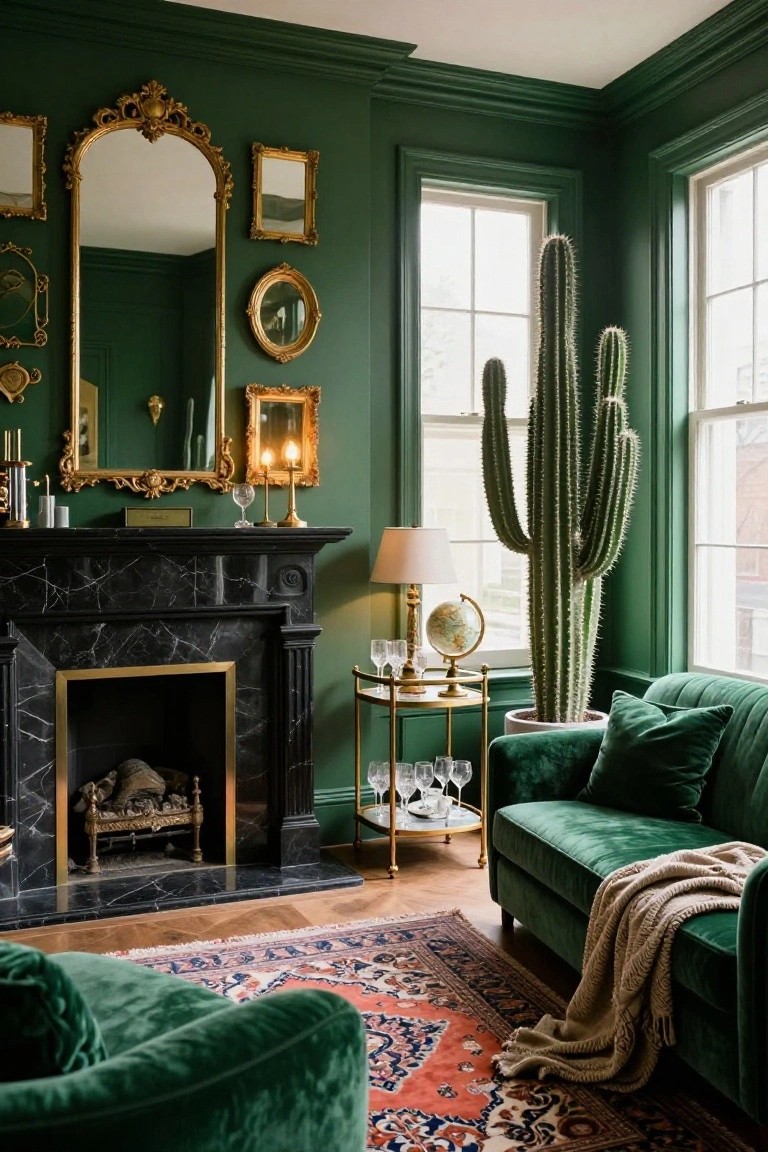 Living room with deep emerald green walls, multiple gold-framed mirrors including a large arched one, black marble fireplace, emerald green velvet sofa, tall potted cactus by bay windows, gold bar cart with glasses, and red Persian rug on wood floor.