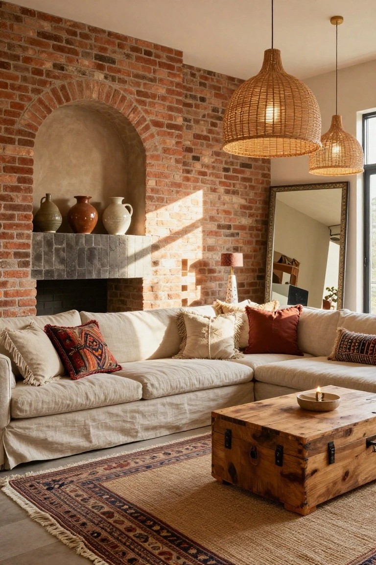 Living room with exposed red brick wall featuring arched niche displaying three ceramic vases, slate fireplace, cream linen L-shaped sofa with assorted patterned and fringed pillows, wooden trunk coffee table holding a candle in bowl, and large bordered rug.