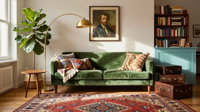 A cozy living room with an emerald green velvet sofa piled with colorful patterned pillows and a throw blanket, facing a red and geometric rug, beside a fiddle leaf fig plant in a basket, vintage suitcases stacked on teal wainscoting, bookshelves, framed art, and a gold arched floor lamp.