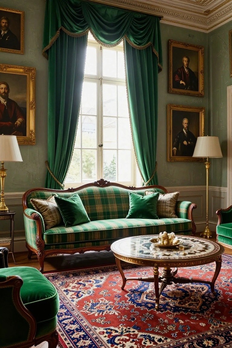 Formal living room with green plaid upholstered sofa, green velvet pillows and armchairs, heavy green drapes on tall window, gilded portrait paintings on walls, brass lamps, round marble and gilt coffee table with decorative items, and red Persian rug on floor.