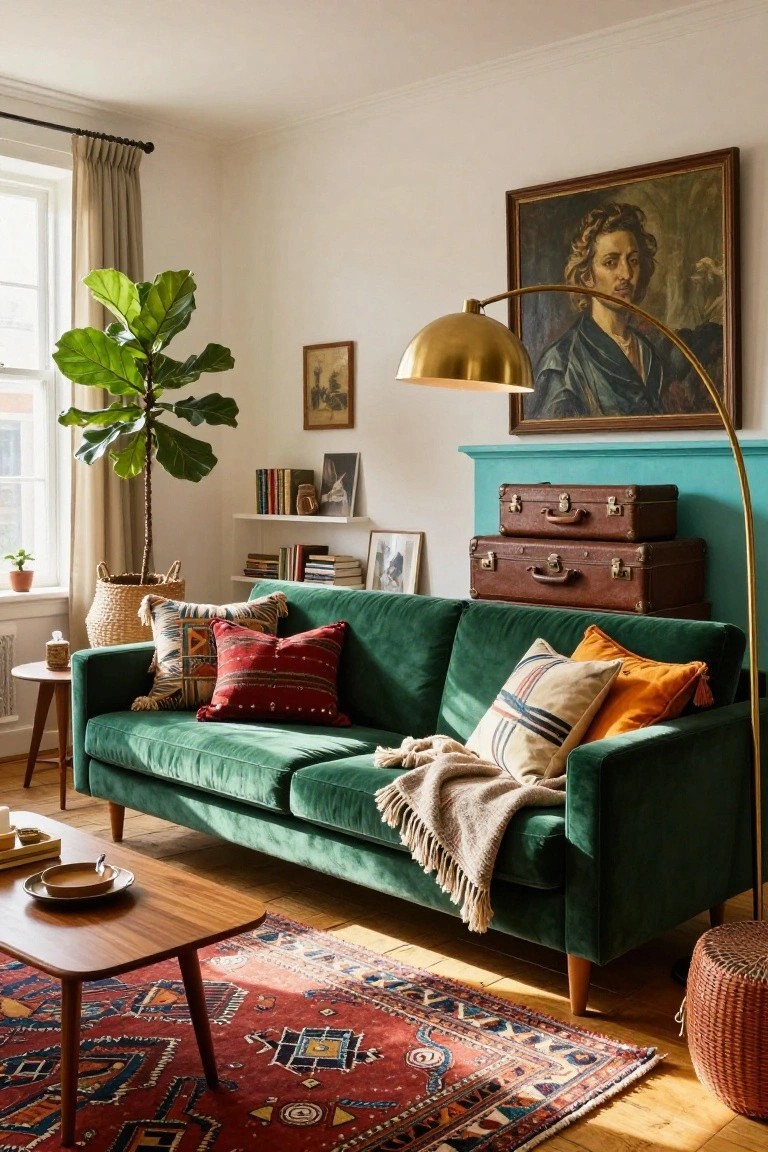 A cozy living room with an emerald green velvet sofa piled with colorful patterned pillows and a throw blanket, facing a red and geometric rug, beside a fiddle leaf fig plant in a basket, vintage suitcases stacked on teal wainscoting, bookshelves, framed art, and a gold arched floor lamp.