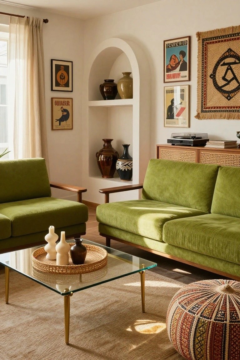 Living room with green velvet sofa and chairs, wood-framed, around a brass-legged glass coffee table holding candles and pottery on a rattan tray, arched white niche shelf displaying vases and vintage posters on walls, colorful patterned pouf on beige rug.