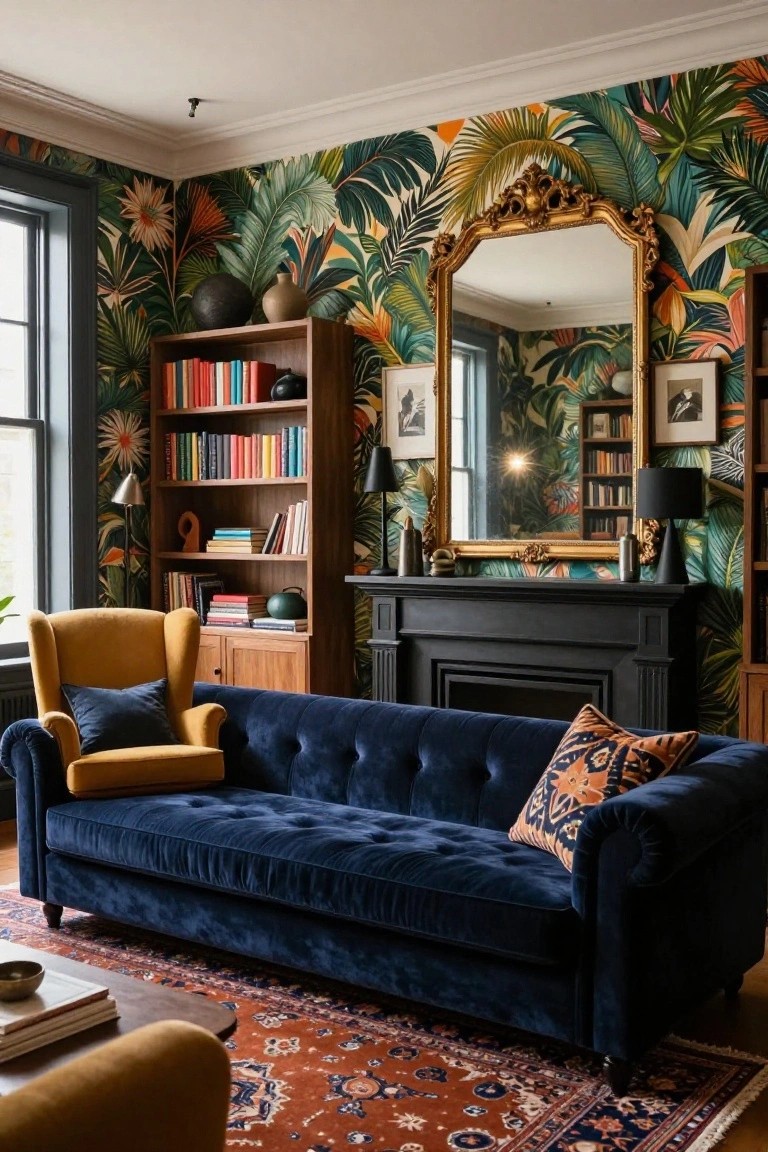 A living room with lush green tropical-patterned wallpaper on the walls, navy velvet sofa, yellow armchair, wooden bookshelves with colorful books, large gold mirror over black fireplace, and orange patterned rug.