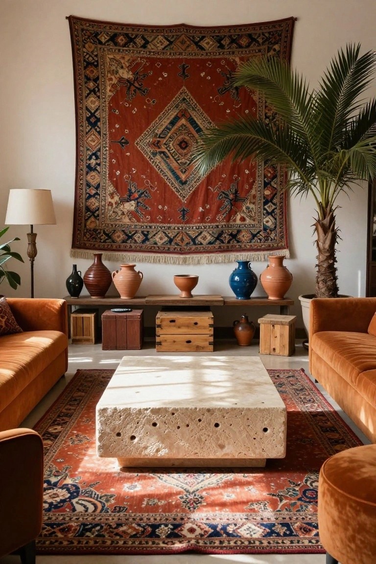 Living room with a large red, blue, and cream patterned tapestry hanging on a white wall next to a tall potted palm tree, wooden benches displaying assorted terracotta and ceramic vases and pots, orange velvet sofas, a white stone coffee table, and a red and blue patterned rug on the floor.