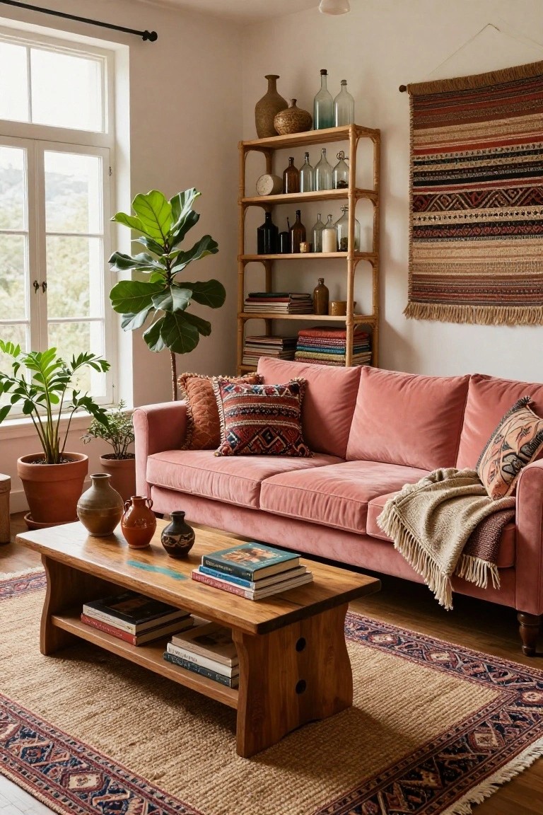 Living room with blush pink velvet sofa piled with patterned pillows and a throw blanket, wooden coffee table holding stacked books and ceramic pots, rattan shelving unit filled with glass bottles and jars, potted plants near windows, and a large woven wall hanging.