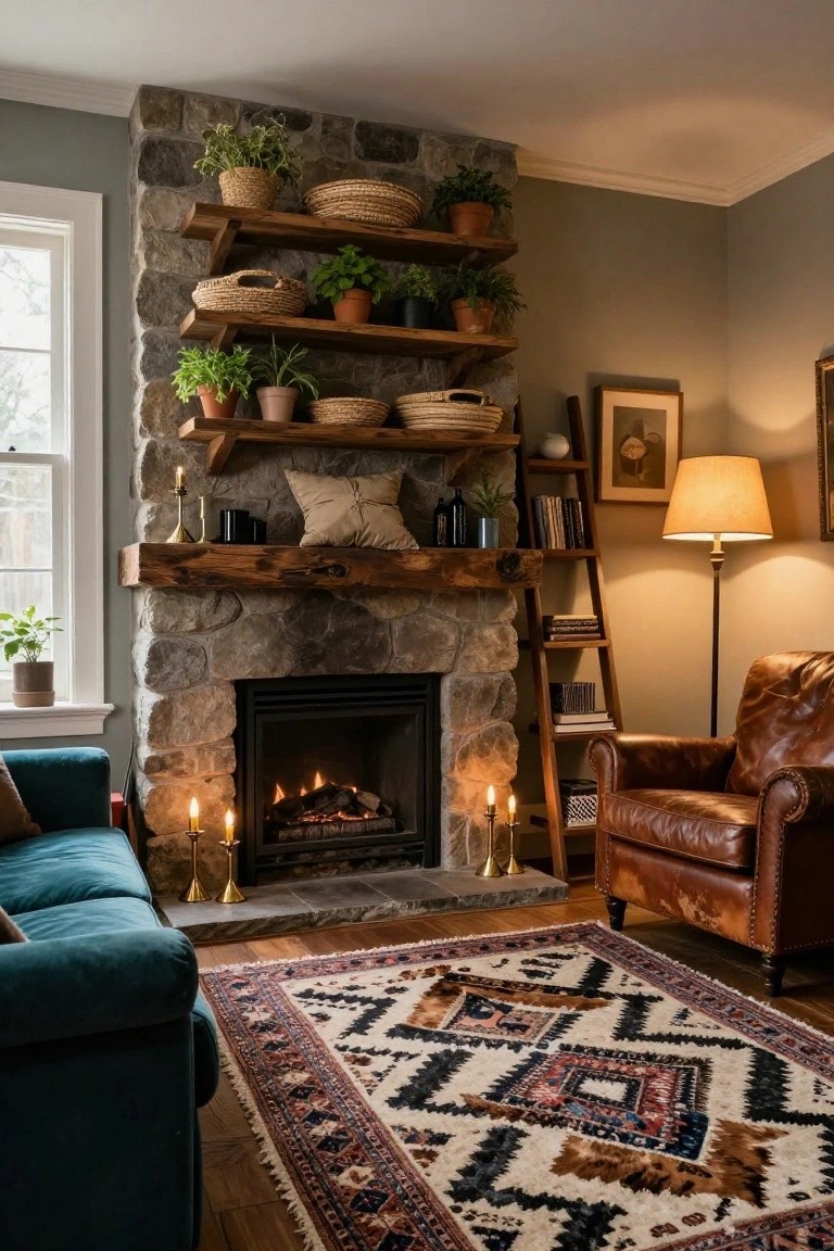 Cozy living room interior with a lit stone gas fireplace flanked by wooden shelves holding numerous potted plants, woven baskets, and pottery, plus a green velvet sofa, brown leather armchair, ladder bookcase, table lamps, and patterned rug on hardwood floor.