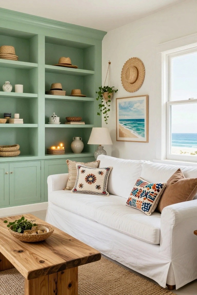 Living room corner with sage green built-in bookshelves displaying stacked straw hats, woven baskets, ceramics, candles, and plants, beside a white slipcovered sofa with patterned pillows and a wooden coffee table, viewed through a window to ocean and beach.