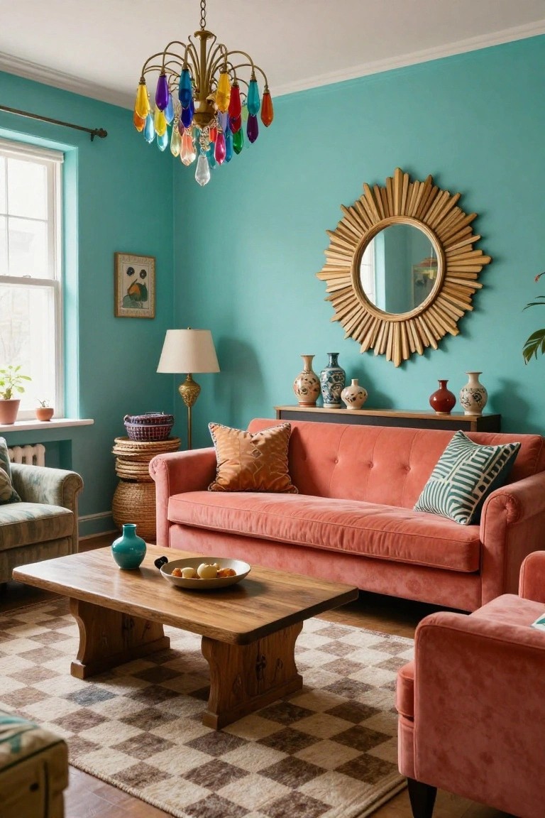 Living room with turquoise walls, coral velvet sofas and chairs, wooden coffee table holding a fruit bowl, colorful glass drop chandelier, gold sunburst mirror, table lamps, woven baskets, and assorted vases and plants.