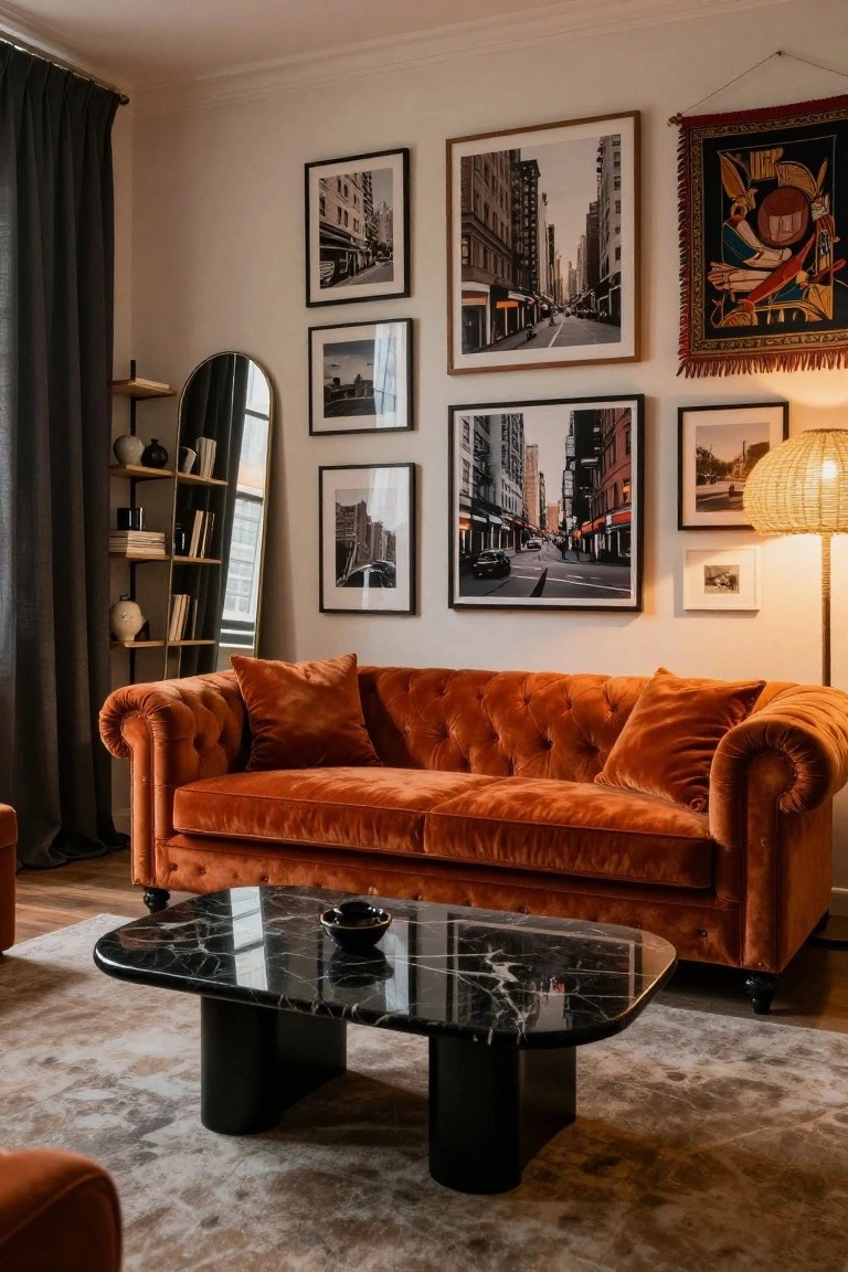 Living room with burnt-orange tufted velvet Chesterfield sofa, black marble oval coffee table, rattan lamp, round mirror on shelf, and walls covered in black-and-white framed photos of city streets and buildings plus a colorful wall hanging.