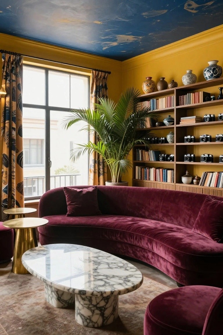 Living room with mustard yellow walls and blue painted ceiling, curved deep purple velvet sofa, white marble coffee table on brass legs, gold side tables, potted palm plant, and wooden bookshelves filled with books, ceramics, vases, and vintage cameras next to large windows with orange patterned curtains.