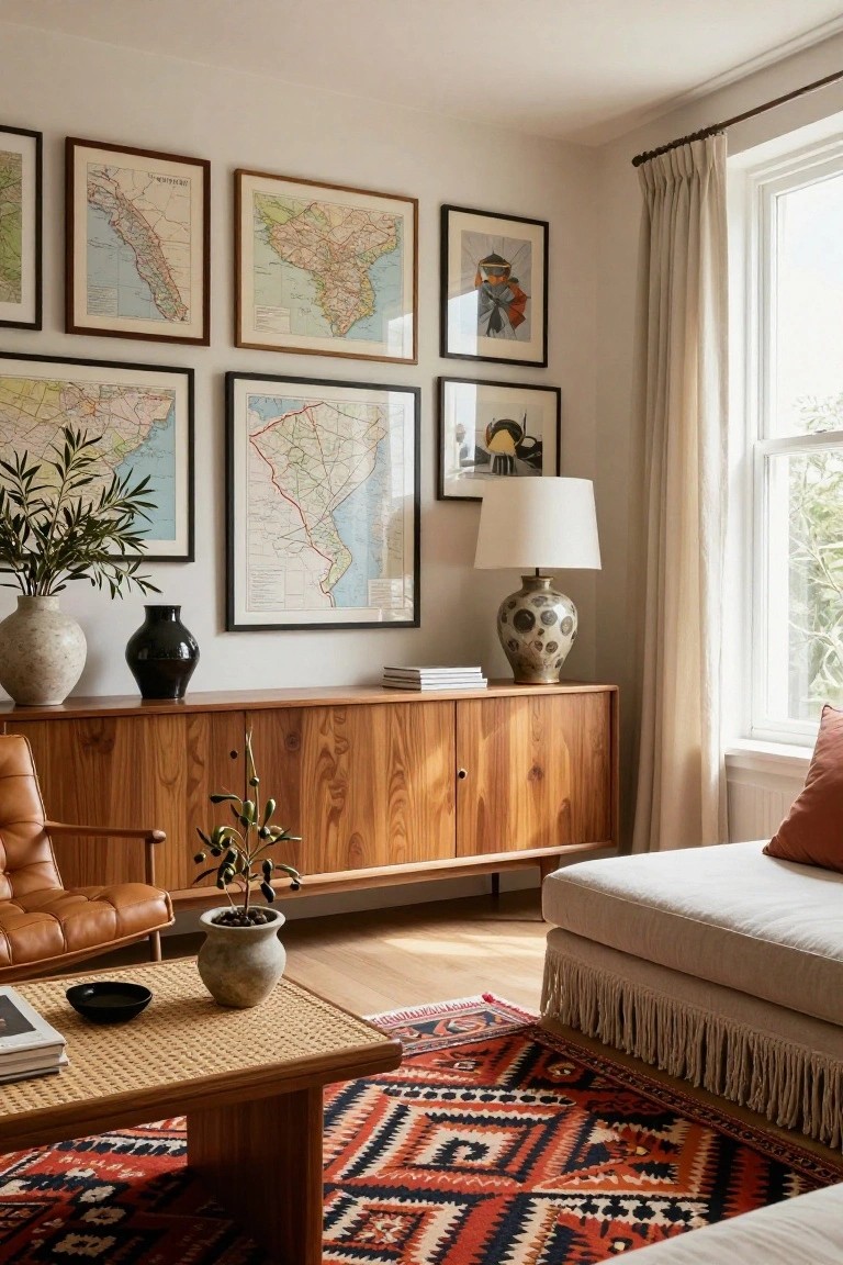 Living room corner with wooden credenza topped by vases, books, and lamps, leather armchair, rattan coffee table on red and black patterned rug, and walls displaying multiple framed vintage maps beside a window with cream curtains.