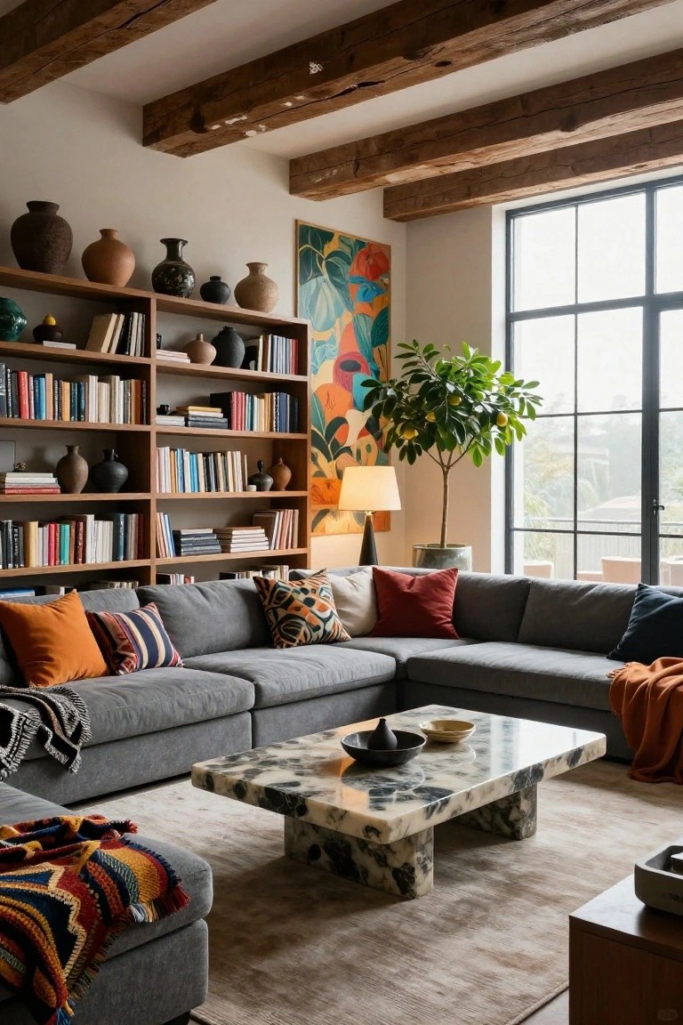 A living room with exposed wooden beam ceilings, tall wooden bookshelves filled with books and various ceramic pots and vases, a gray L-shaped sectional sofa with colorful pillows and throws, a white-veined marble coffee table, and large black-framed windows next to a potted citrus tree.