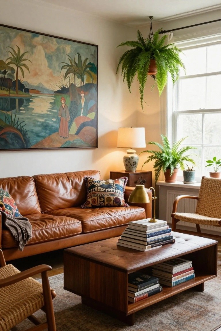 Living room interior with tan leather sofa topped by colorful pillows and throw, low wooden coffee table with book stacks on top and in open shelves below, rattan chairs, potted plants, ceramic lamp, brass desk lamp, and large colorful palm tree painting on white wall.