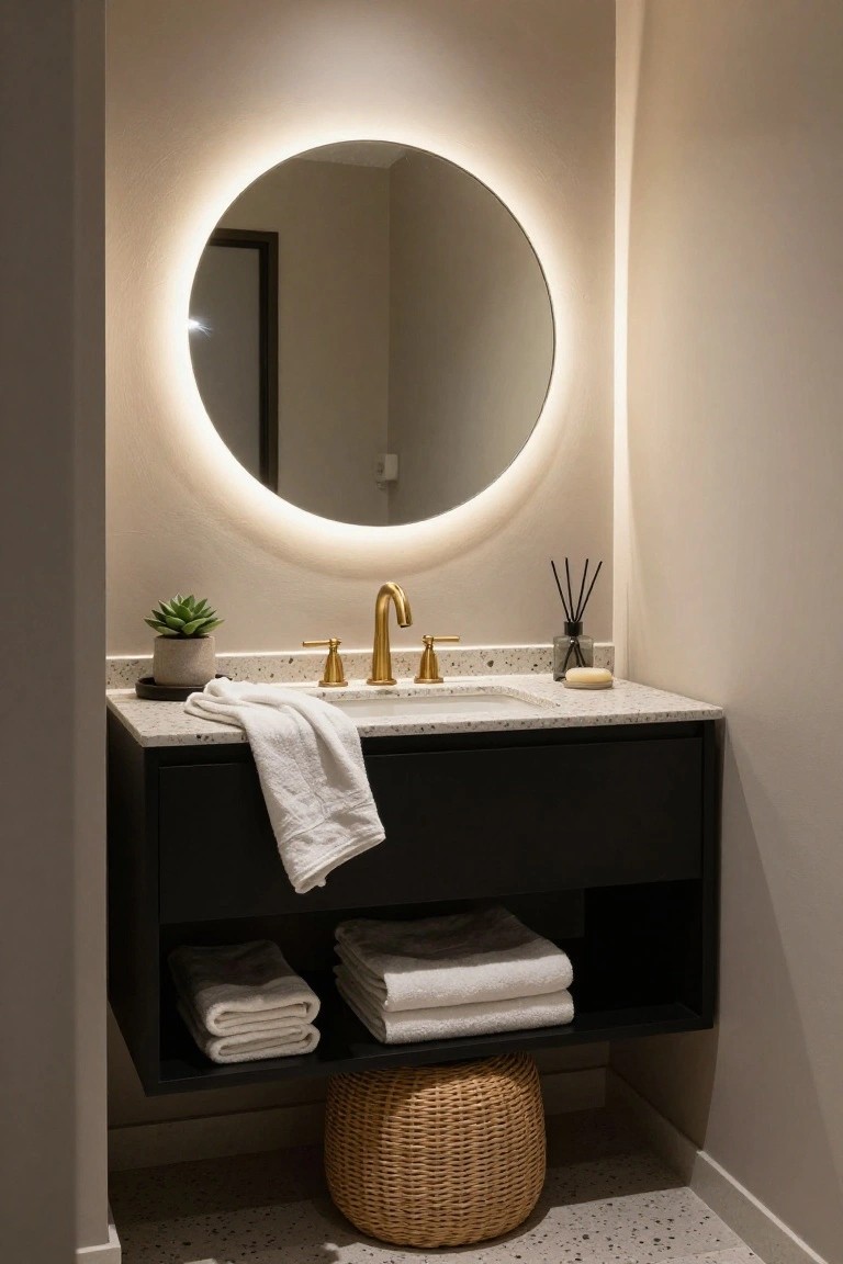 Modern bathroom vanity with round mirror featuring white LED backlighting, gold single-handle faucet on speckled white countertop, black floating cabinet holding folded white towels, small succulent plant, reed diffuser, soap dish, and woven rattan stool on terrazzo-look floor.
