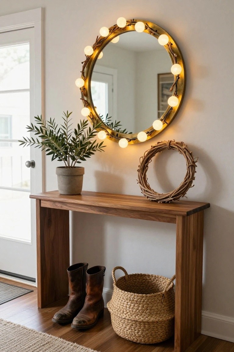 Rustic wooden console with lit round mirror, potted plant, boots, and basket.