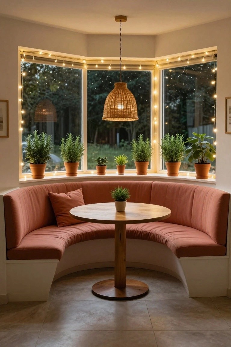Curved terracotta bench seat built into a bay window with white fairy lights strung along the window frames and sills, multiple potted plants on the sills, a small round wooden table with a plant in the center, and a rattan pendant lamp hanging above.