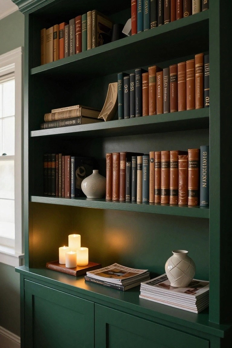 Dark green built-in bookcase with rows of leather-bound books in various colors, white ceramic vases, stacks of magazines, and four white pillar candles lit on a wooden tray on the lower shelf.