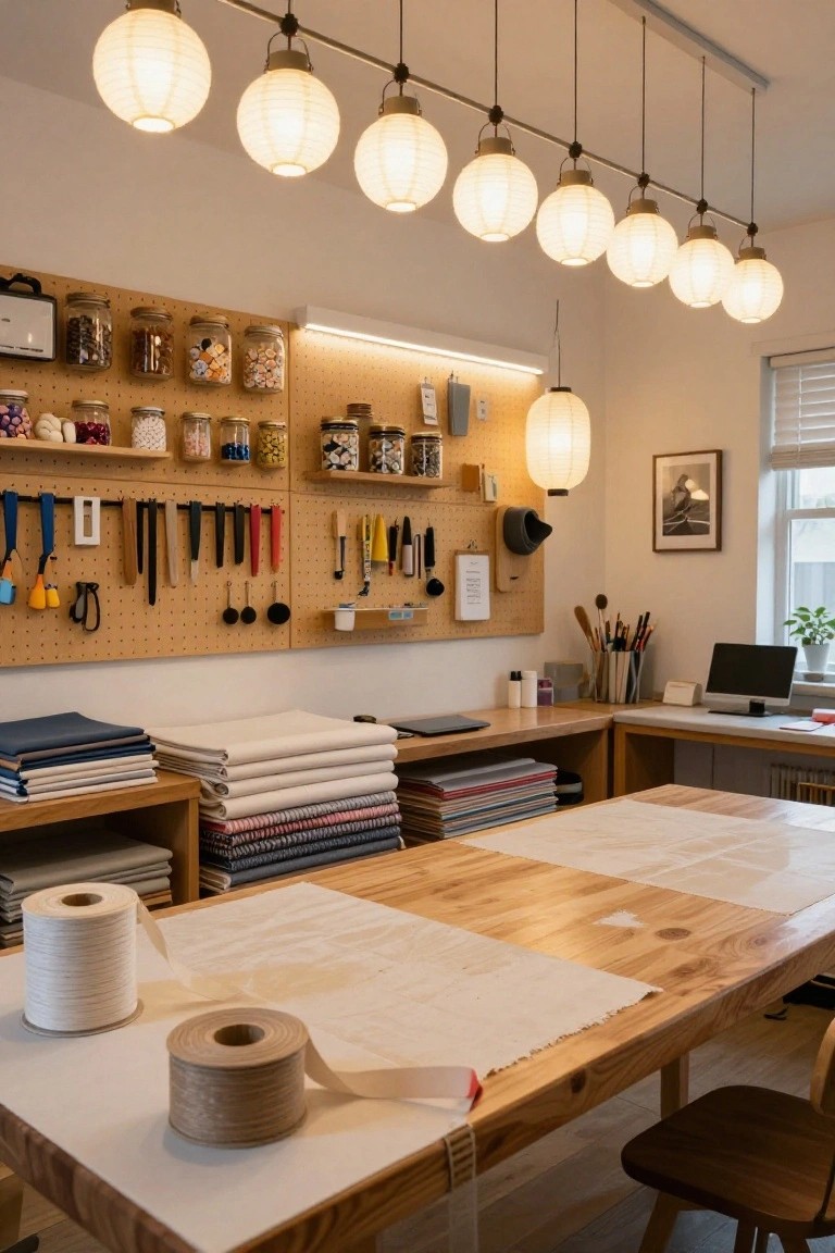 Interior craft room with pegboard wall holding jars, tools, and supplies, stacks of fabric on wooden shelves, large wooden worktable covered in white fabric with thread spools, and a row of white paper lantern pendant lights hanging overhead.
