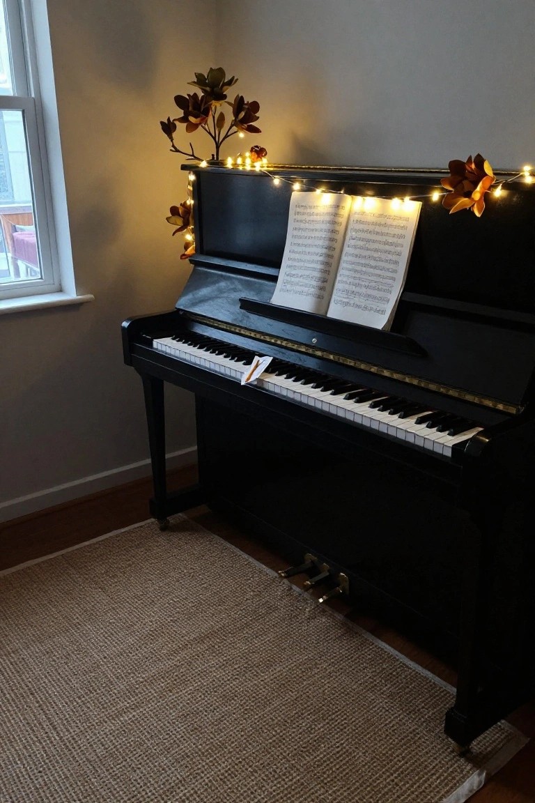 Black upright piano with open sheet music on the stand, draped with warm fairy lights and magnolia branches along the top, in a beige room with a window, rug, and wooden floor.