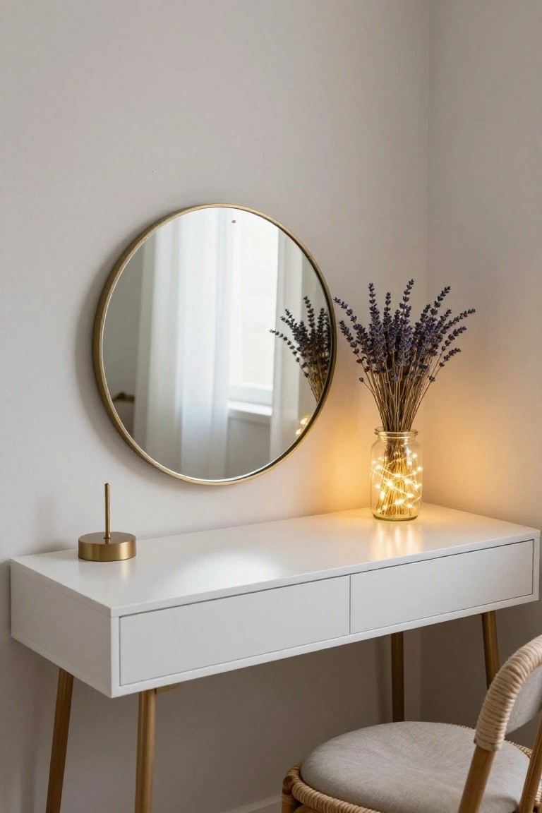 A white wooden vanity desk with two drawers and gold legs in a beige room corner, topped with a gold pin holder and a glass jar of dried lavender stems wrapped in fairy lights, beside a large gold-framed round mirror and a rattan chair with beige cushion.
