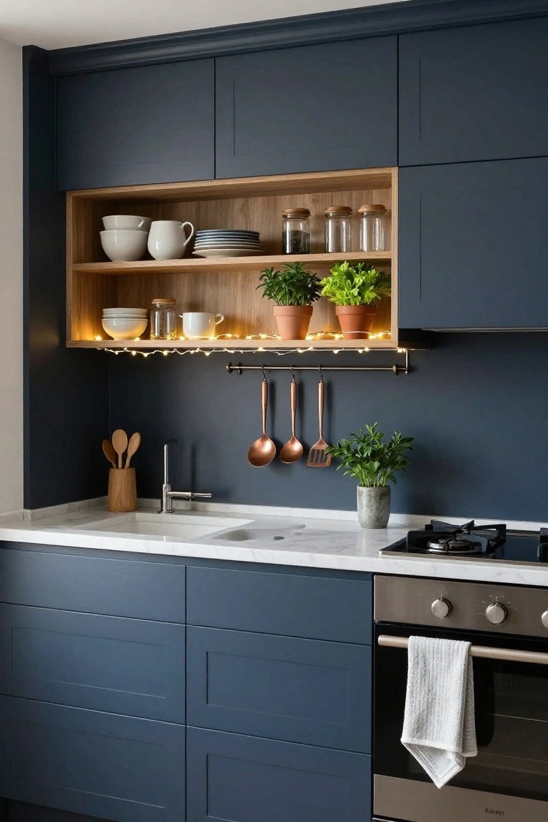 Modern navy blue kitchen featuring open wooden shelves with string lights, white dishes, jars, plants in terracotta pots, copper utensils on a wall rack, white sink, and stainless steel appliances.