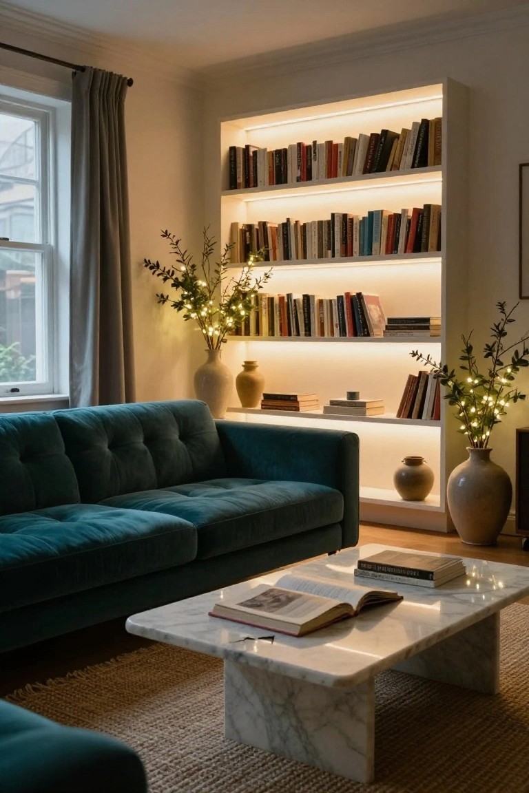 Living room with tall white bookshelves filled with books, lit by warm under-shelf LEDs and fairy lights wrapped around eucalyptus branches in ceramic vases, emerald green velvet sofa, and white marble coffee table on a rug.