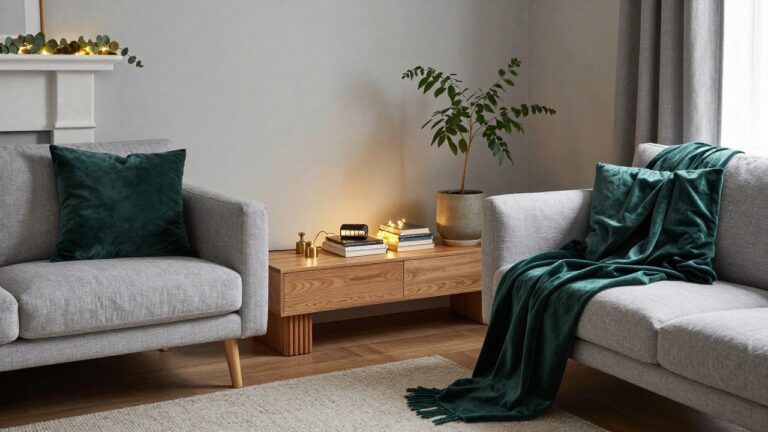 A living room with a white fireplace mantel draped in green garland and warm fairy lights, a gray sofa with emerald pillow and throw, wooden coffee table holding books and candle, potted plants, and hardwood floors under a light gray rug.