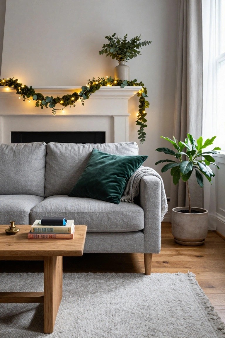 A living room with a white fireplace mantel draped in green garland and warm fairy lights, a gray sofa with emerald pillow and throw, wooden coffee table holding books and candle, potted plants, and hardwood floors under a light gray rug.