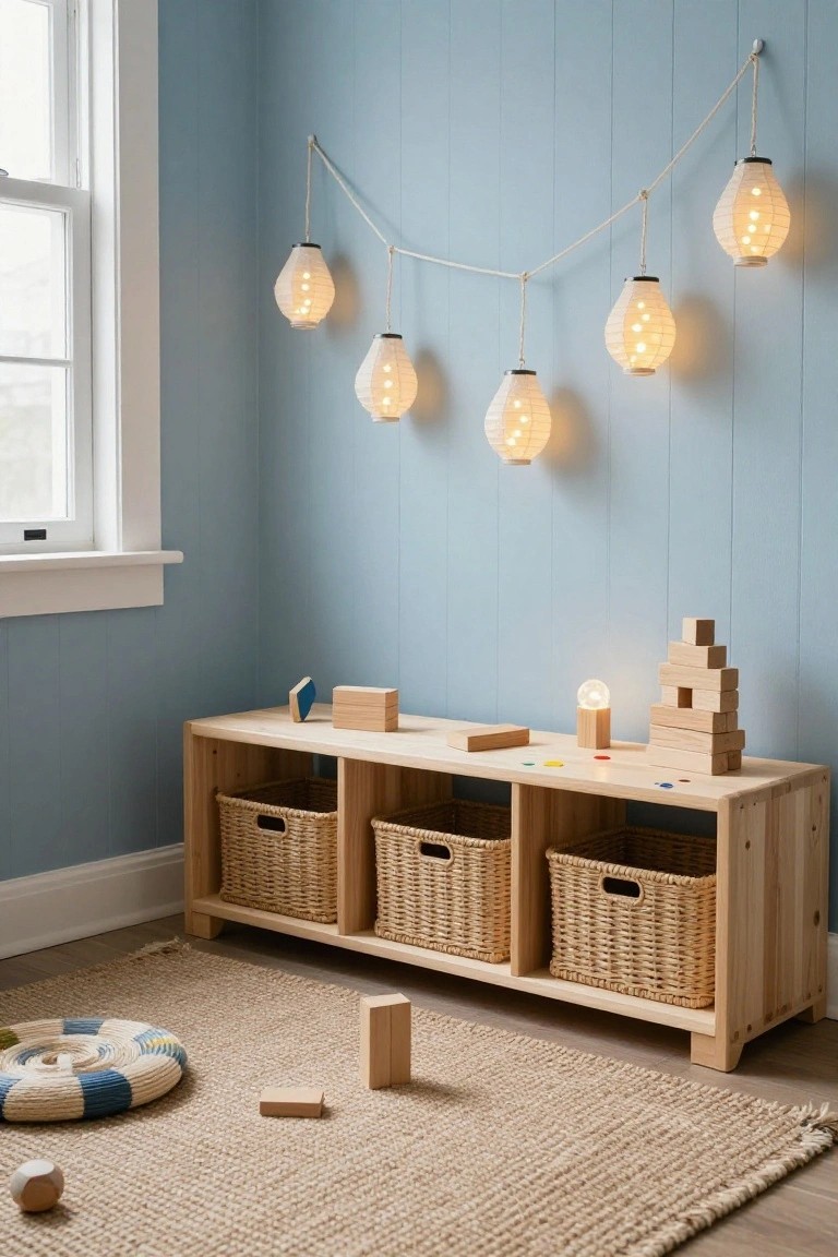Corner of a light blue paneled room with a string of lit white paper lanterns hanging along the wall, wooden low bench with wicker baskets below, wooden blocks on the bench top and seagrass rug in front.