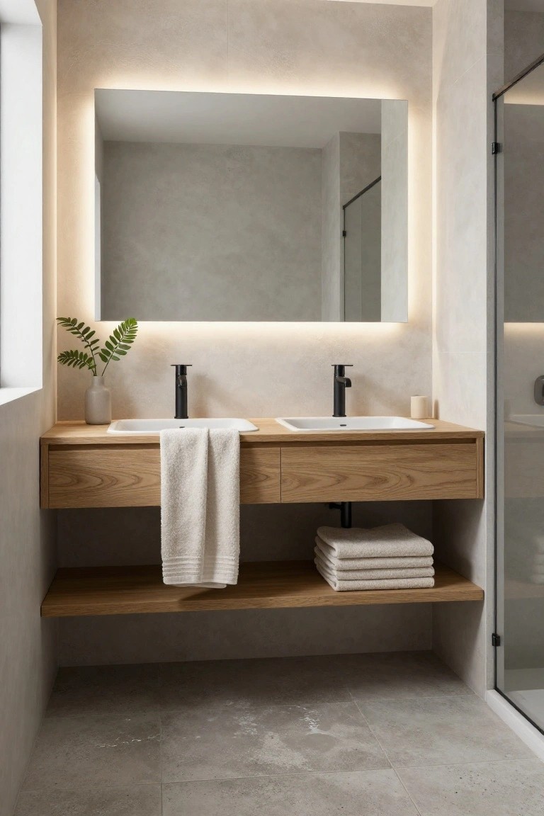 Modern bathroom interior featuring a large backlit rectangular mirror, floating wooden double vanity with two sinks and black faucets, potted plant, folded towels, and glass shower enclosure on a light gray tiled floor.