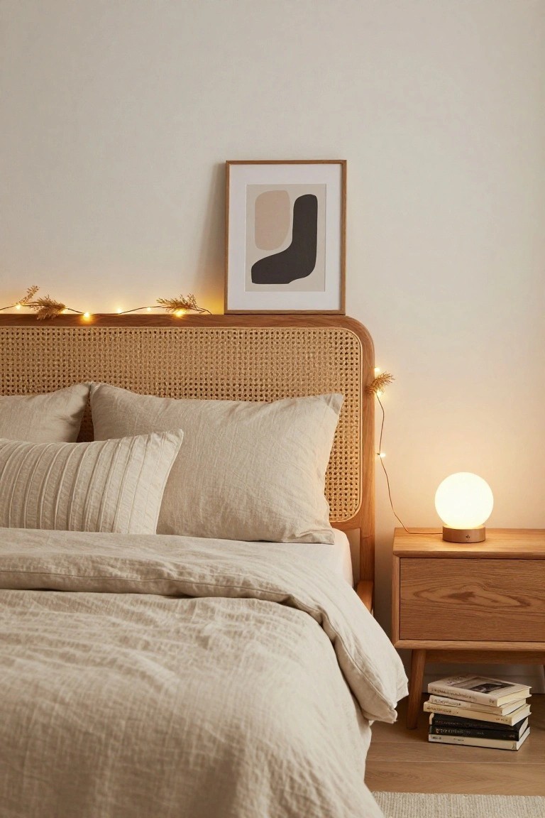Bedroom with rattan headboard draped in warm fairy lights and dried wheat stems, beige linen bedding, wooden nightstand holding a white orb lamp and stacked books on light wood floor.