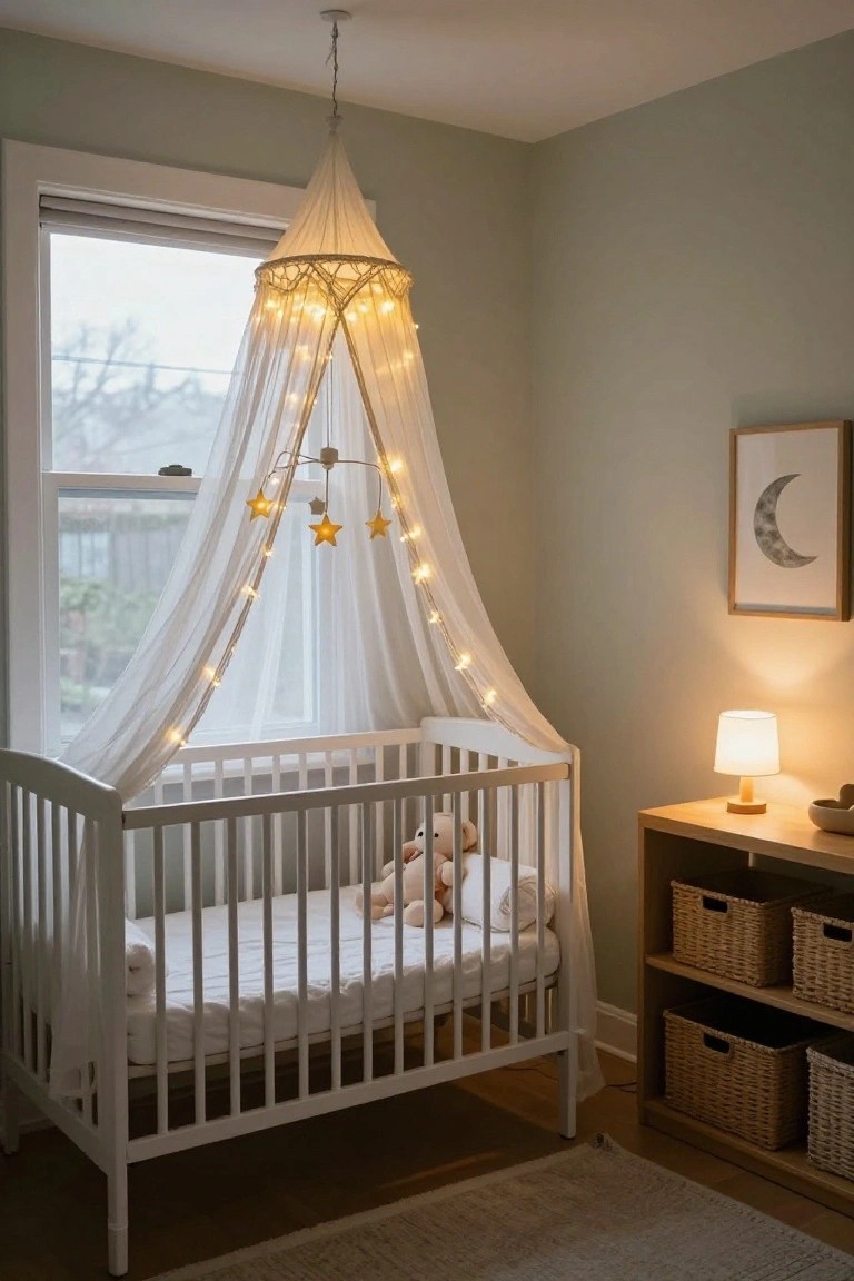 White crib in a light green nursery under a sheer white canopy with fairy lights and gold star mobiles hanging from the ceiling, beside a wooden shelf with woven baskets.