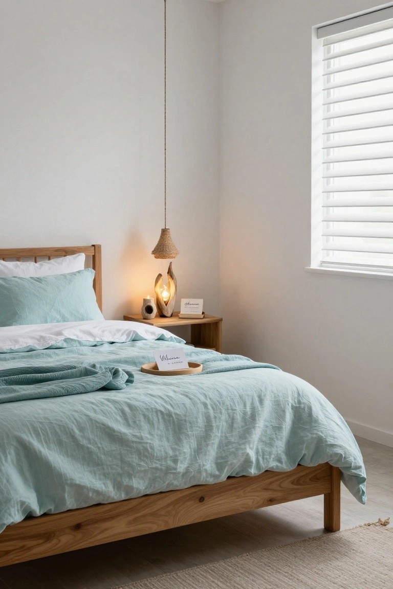 Bedroom corner with wooden bed frame draped in teal linen bedding and throw, rattan pendant light hanging from ceiling, wooden nightstand holding sculptural wood lamp with exposed bulb, small vase, and welcome card, white walls, blinds on window, seagrass rug on floor.