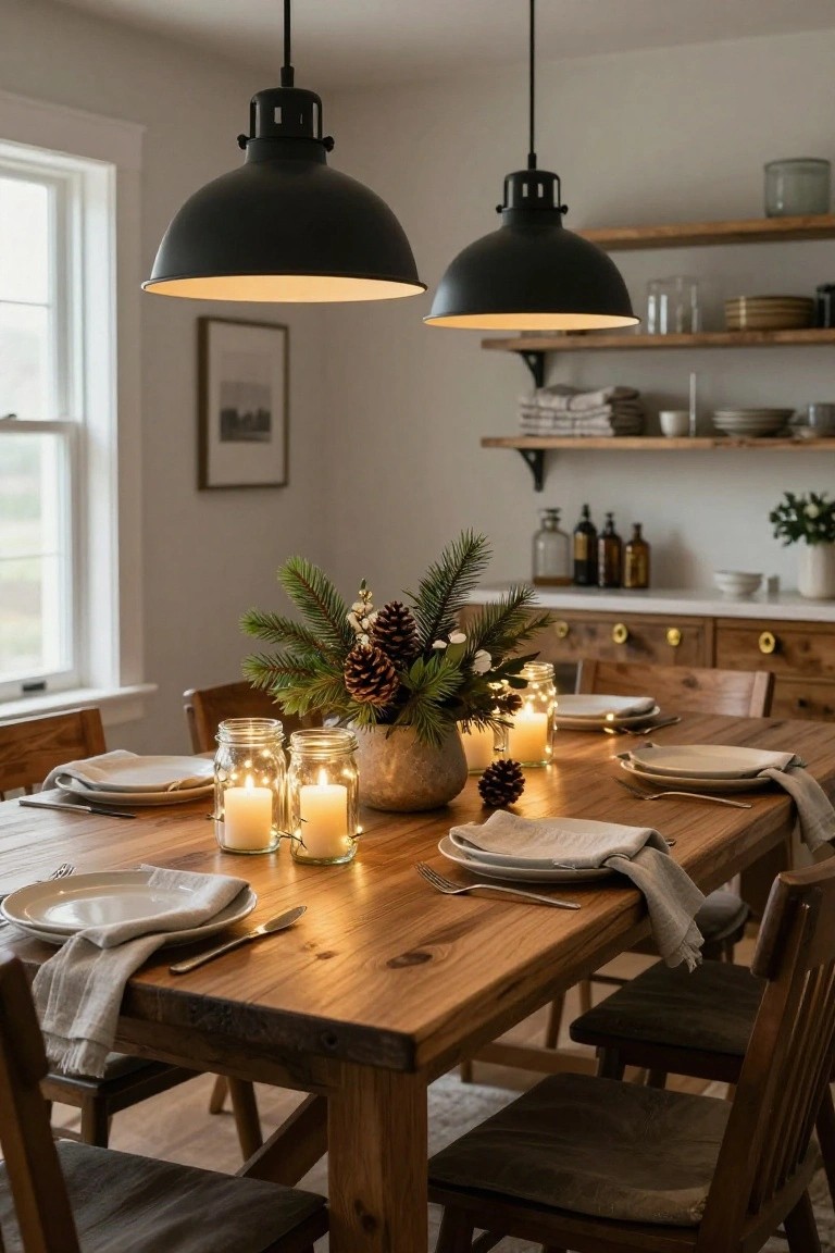 Wooden dining table set for a meal with white plates, linen napkins, multiple mason jars holding lit candles, fairy lights, pine branch centerpiece with pinecones, and wooden chairs in a kitchen with black pendant lights and open shelves.