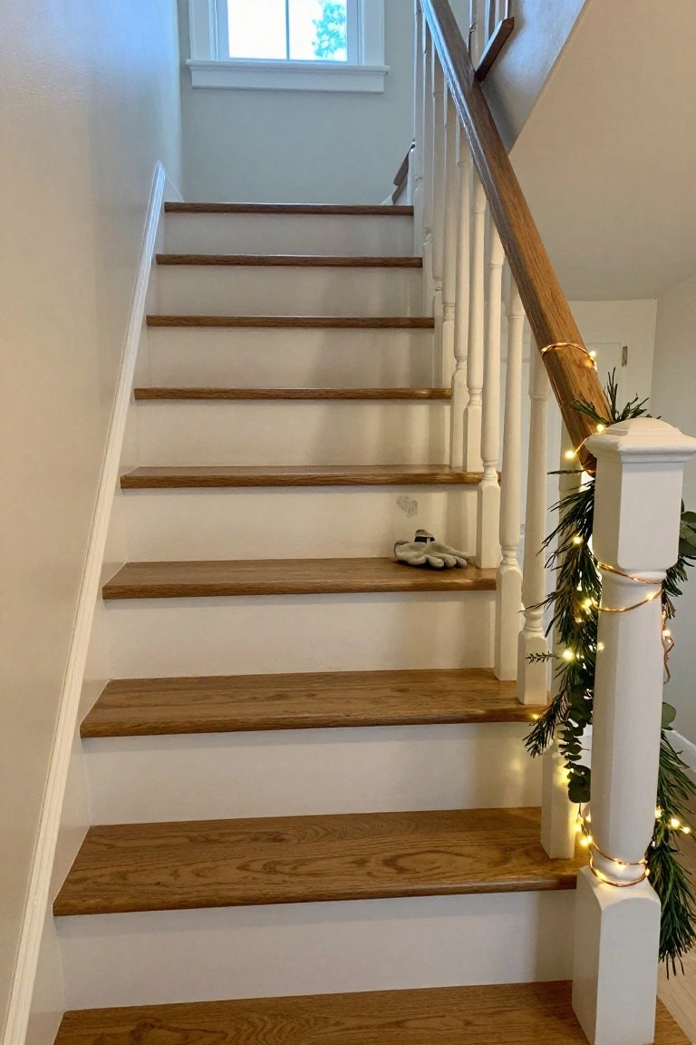 Wooden staircase with oak treads, white risers, and a dark wood handrail wrapped in evergreen garland and string lights, with a pair of gloves sitting on one step.