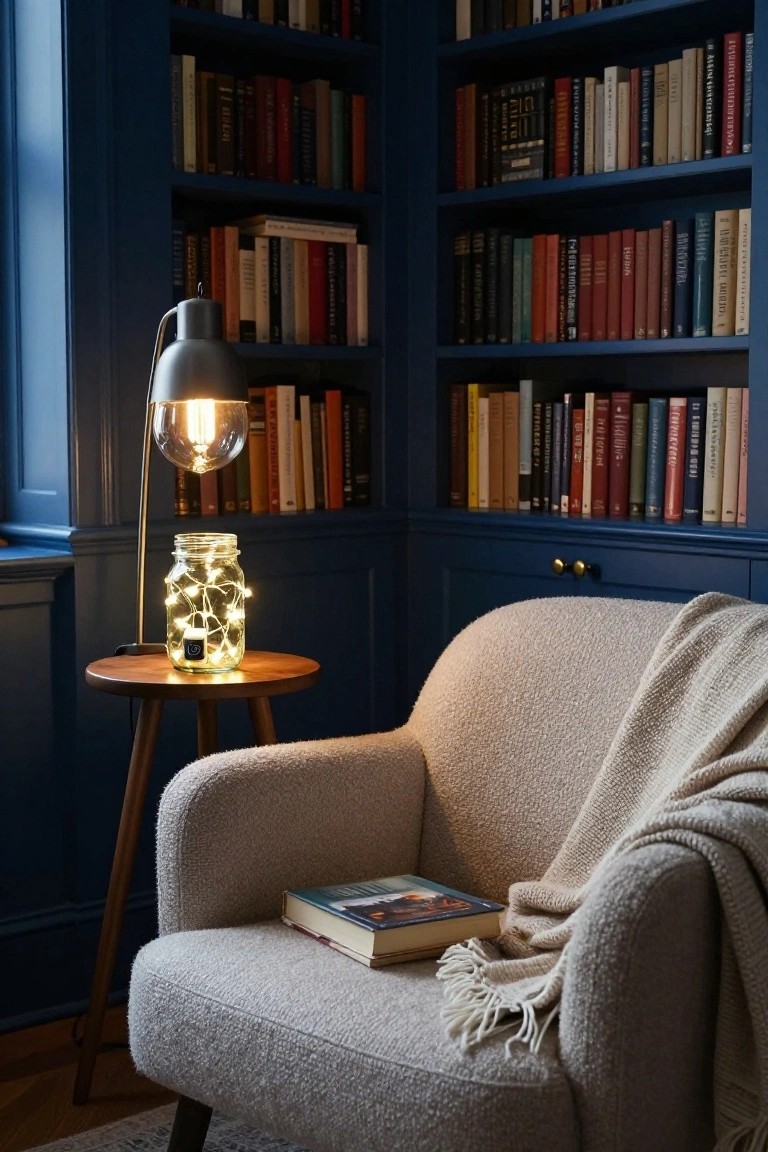 Navy blue library corner with floor-to-ceiling bookshelves, a beige upholstered armchair with a book and throw blanket, wooden side table holding a mason jar filled with white fairy lights and battery pack, and a modern arc lamp nearby.