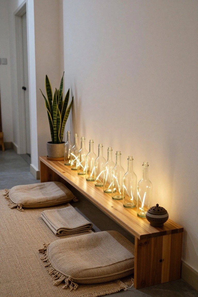 A row of clear glass bottles containing wrapped fairy lights sits on a wooden bench against a white wall in an indoor space with beige cushions, a rug, snake plant, and ceramic incense burner nearby.