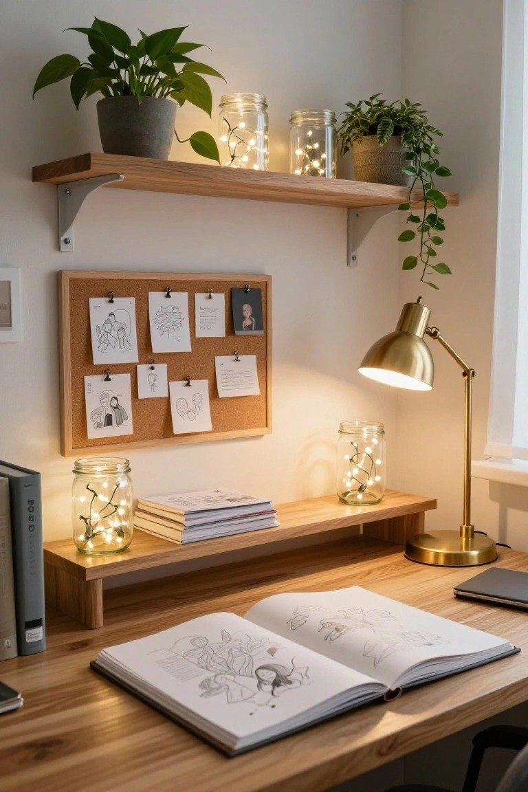 Wooden desk in a light-filled room with open sketchbook, gold desk lamp, corkboard with pinned drawings and photos, potted plants, and mason jars filled with string lights on shelves.
