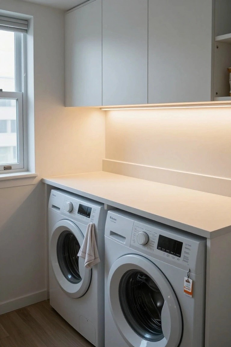 Modern white laundry room featuring two stacked washer-dryer sets under a white countertop with overhead cabinets, illuminated by soft LED strip lighting underneath the cabinets, adjacent to a window with blinds and hardwood flooring.