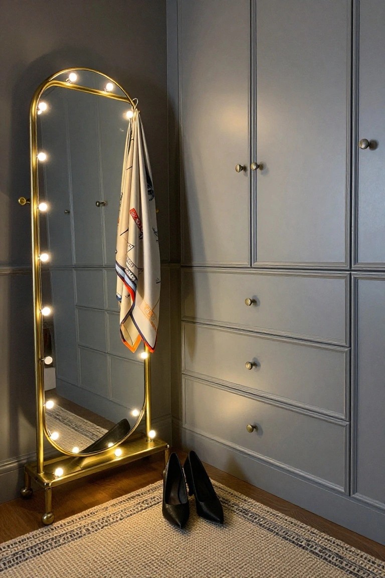 Gold arched full-length mirror with rows of lit white bulbs along the frame in a corner of a gray wardrobe room, scarf draped on the mirror and black high-heeled shoes on the floor nearby.
