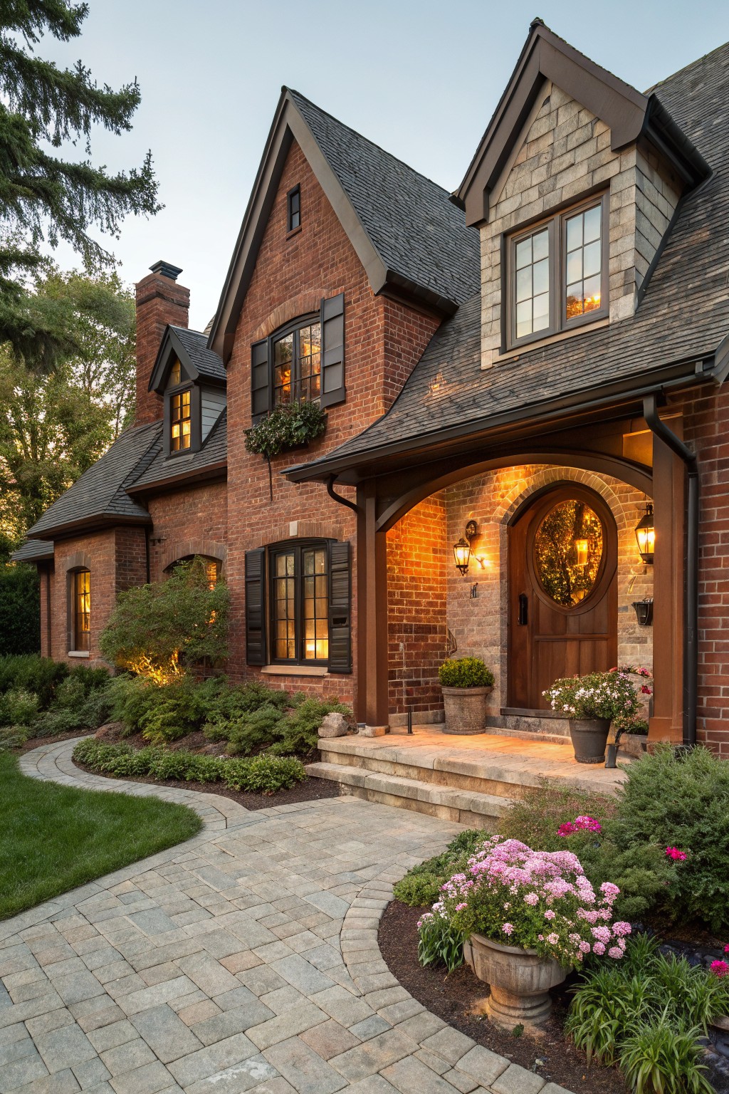 Red brick house exterior featuring an arched porch with round wooden door, lanterns, stone accents, brick walls, windows with black shutters, and surrounding landscaping with plants and a stone pathway.