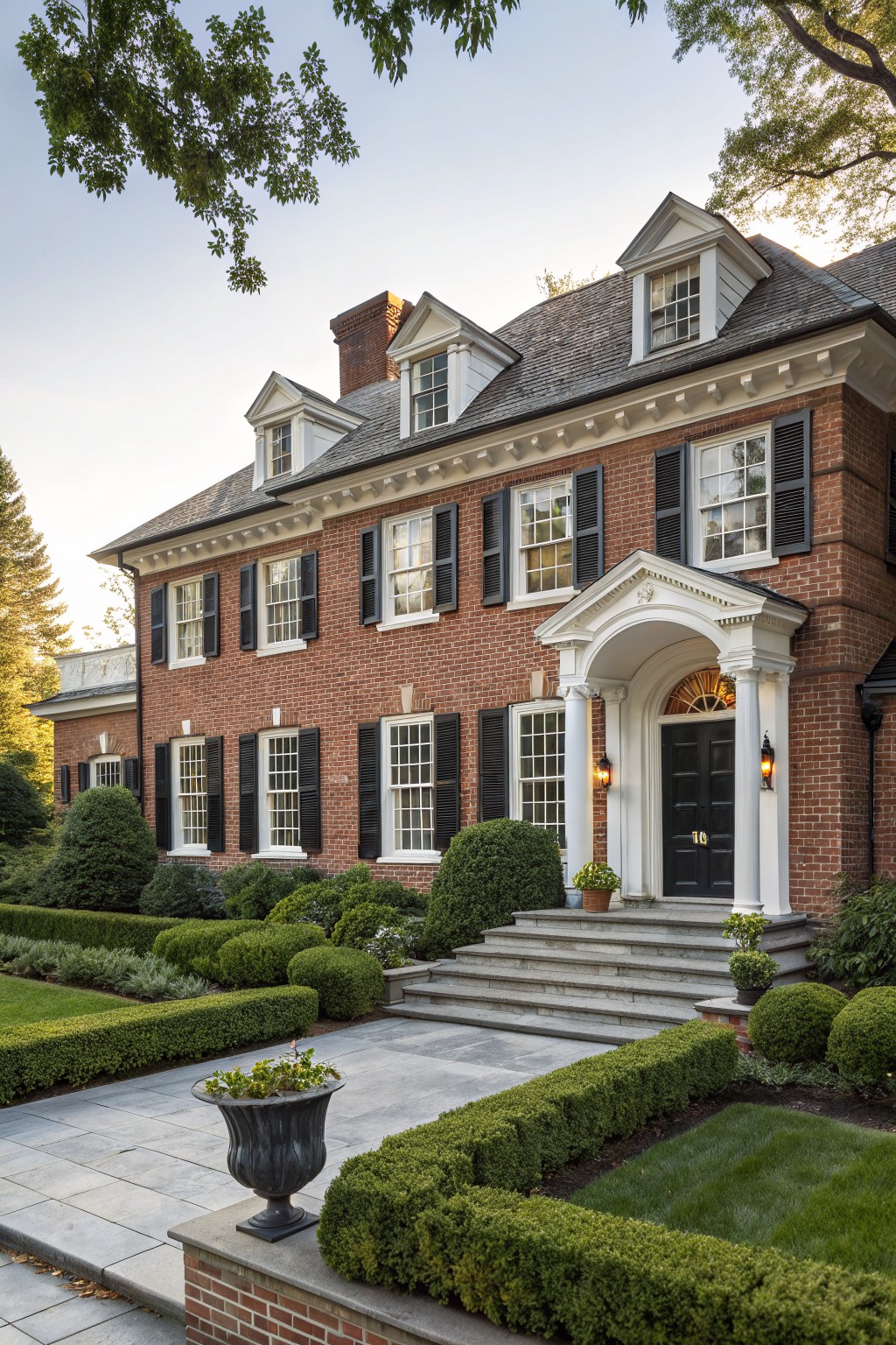 A two-story red brick Georgian-style house with white trim, black shutters, and a white-columned pedimented portico entrance flanked by stone steps, manicured boxwood hedges, and a slate pathway.