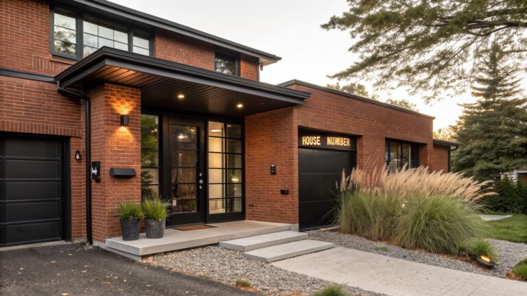 Red brick two-story house exterior featuring black-framed windows, a cantilevered black entry porch, matte black front door labeled "HOUSE NUMBER", matching wall lanterns, potted ornamental grasses, and concrete steps.