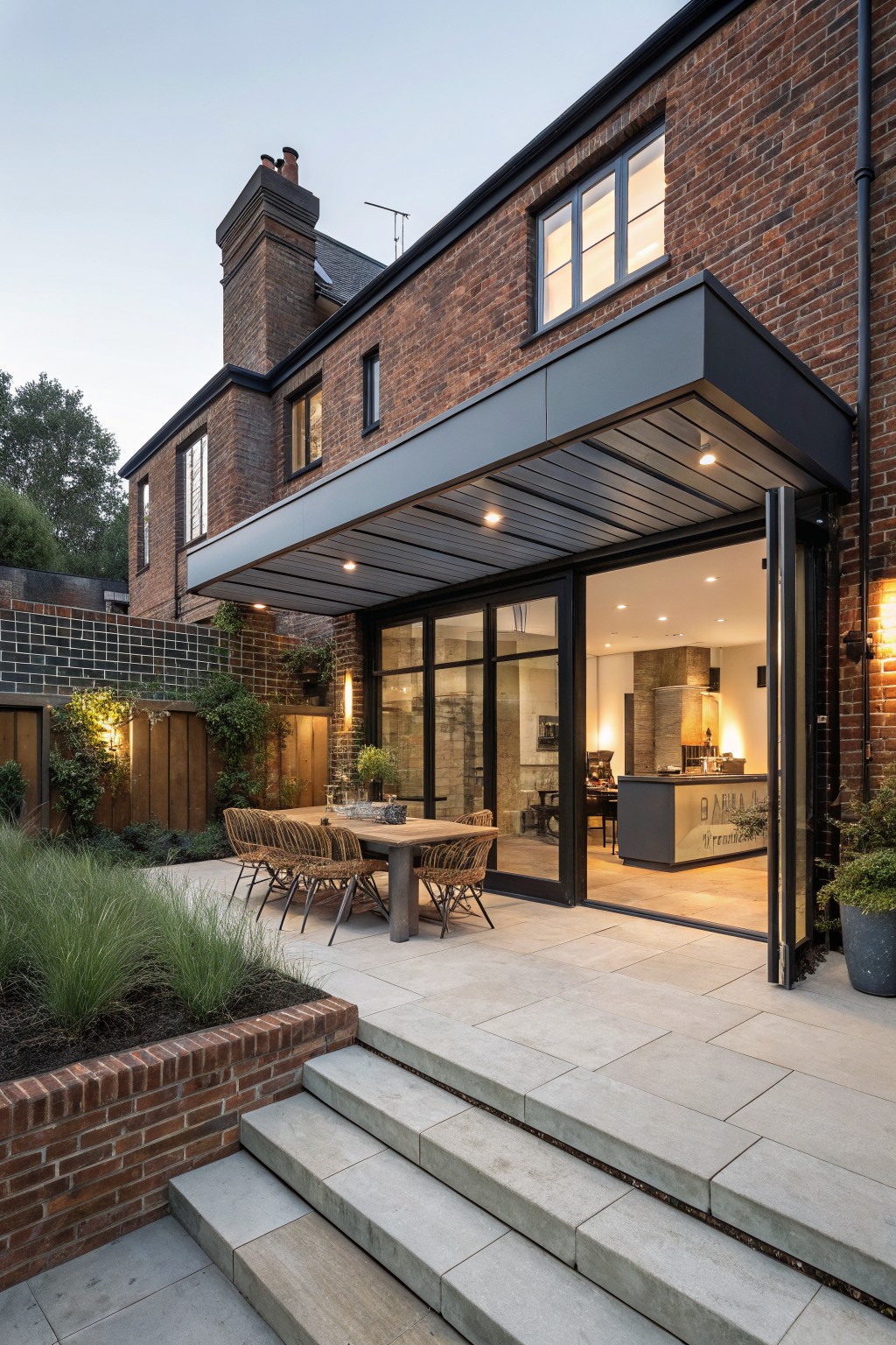 Rear exterior of a two-story red brick house with black metal cantilevered canopy over open bifold glass doors leading to a stone patio with rattan dining table and chairs, steps descending to a planted garden area at dusk.