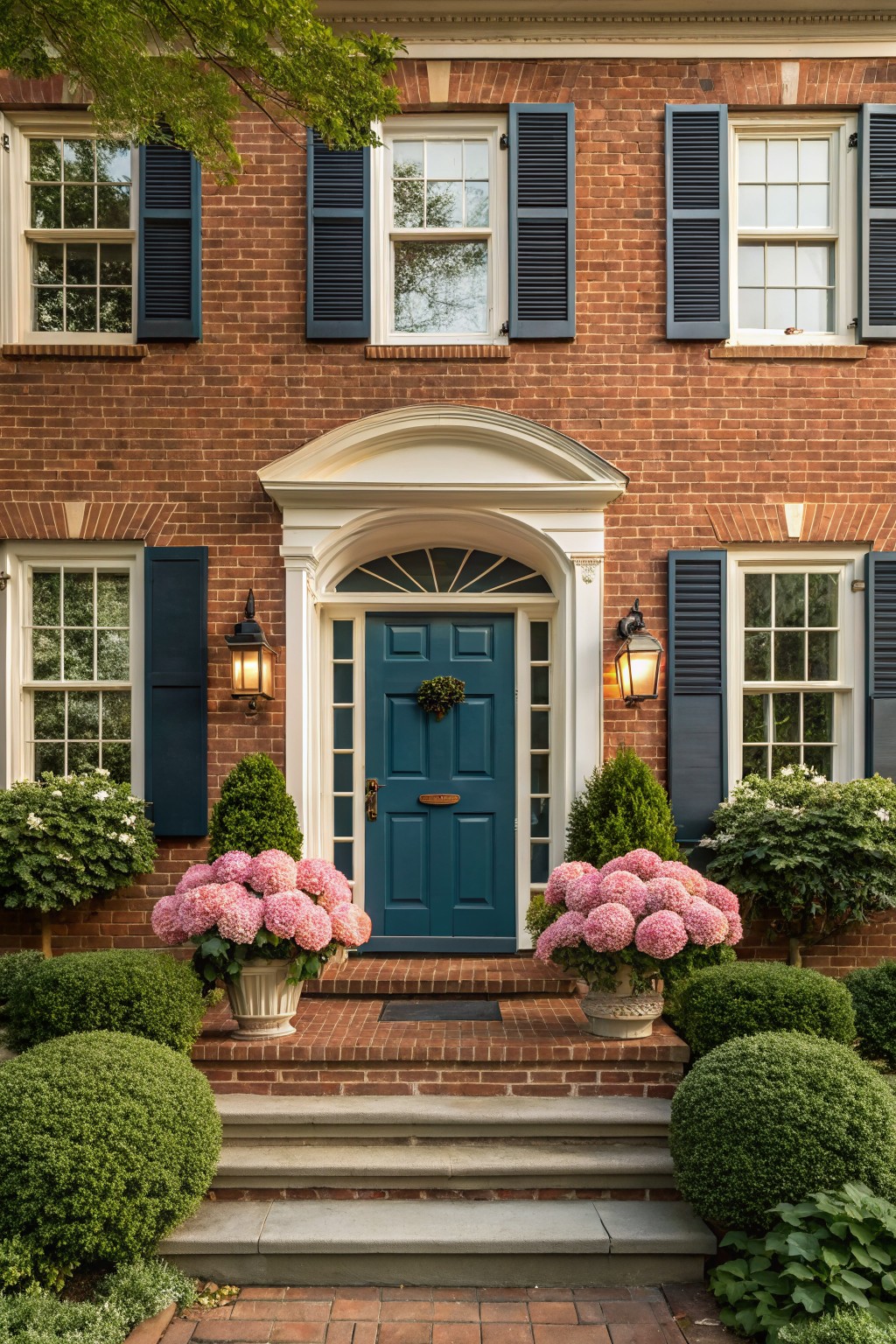 Red brick house exterior featuring a centered navy blue front door under white pediment, black shutters on multipane windows, lanterns on either side of door, large pink hydrangea pots flanking brick steps, and boxwood shrubs.