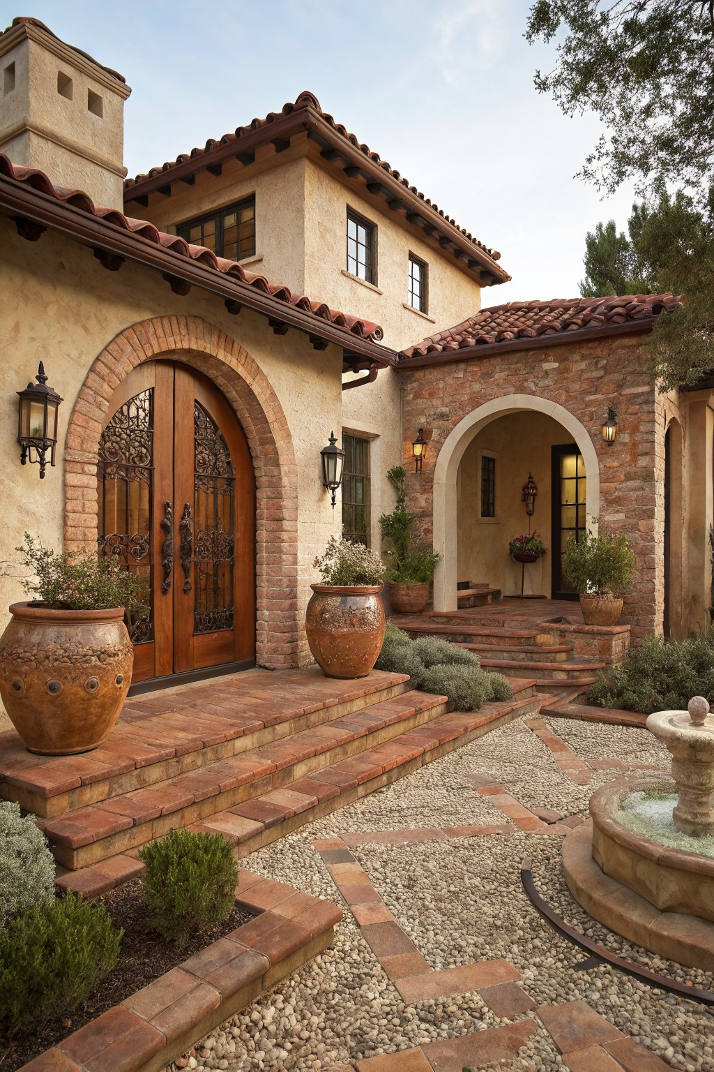 Exterior of a two-story stucco house with red brick arches framing a wooden double door entry, flanked by terracotta pots, steps leading to a secondary arched entry, gravel pathway, low plants, and a stone fountain.