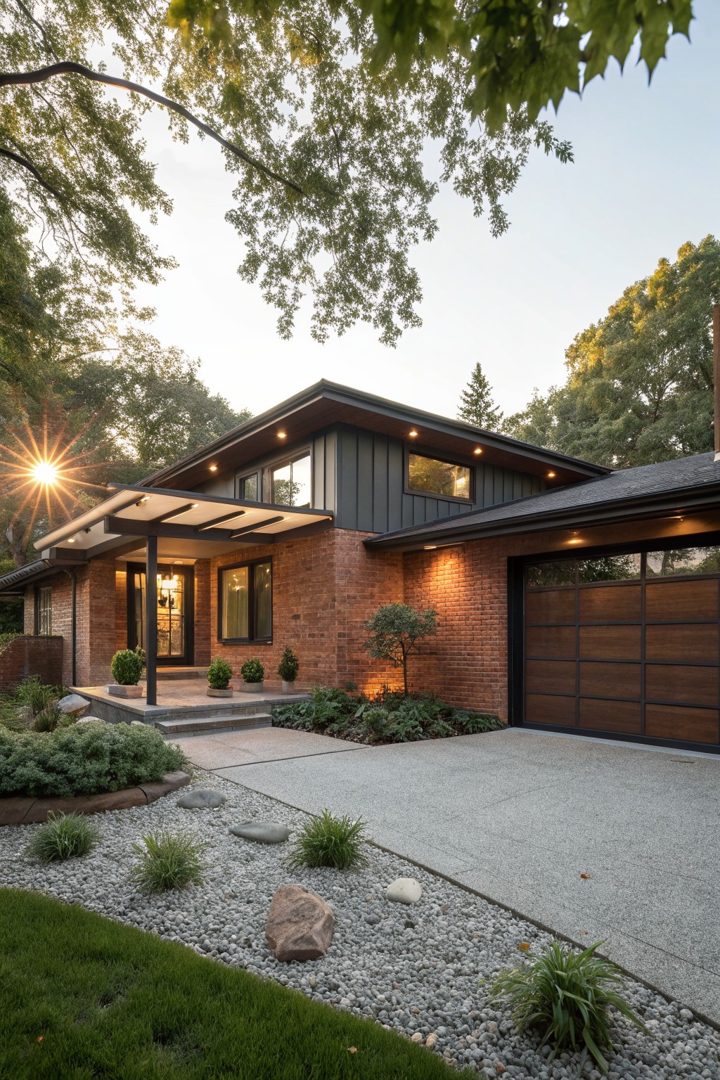 A two-story house exterior with red brick on the base, dark gray vertical siding on the upper level, a white cantilevered entry canopy, lit windows and entry, wood-paneled garage door, gravel driveway, and landscaped plantings under trees at sunset.