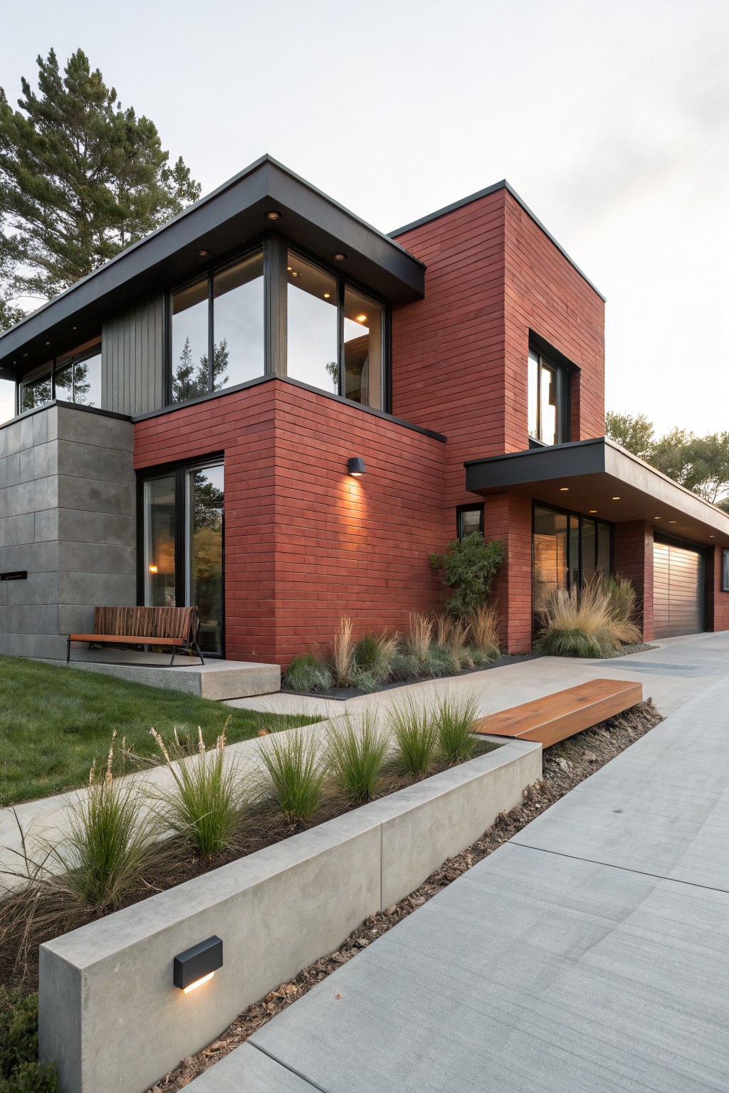 Modern house exterior with red brick walls on upper stories, gray concrete base and accents, large windows, wooden benches, and grasses along concrete driveway and retaining wall.