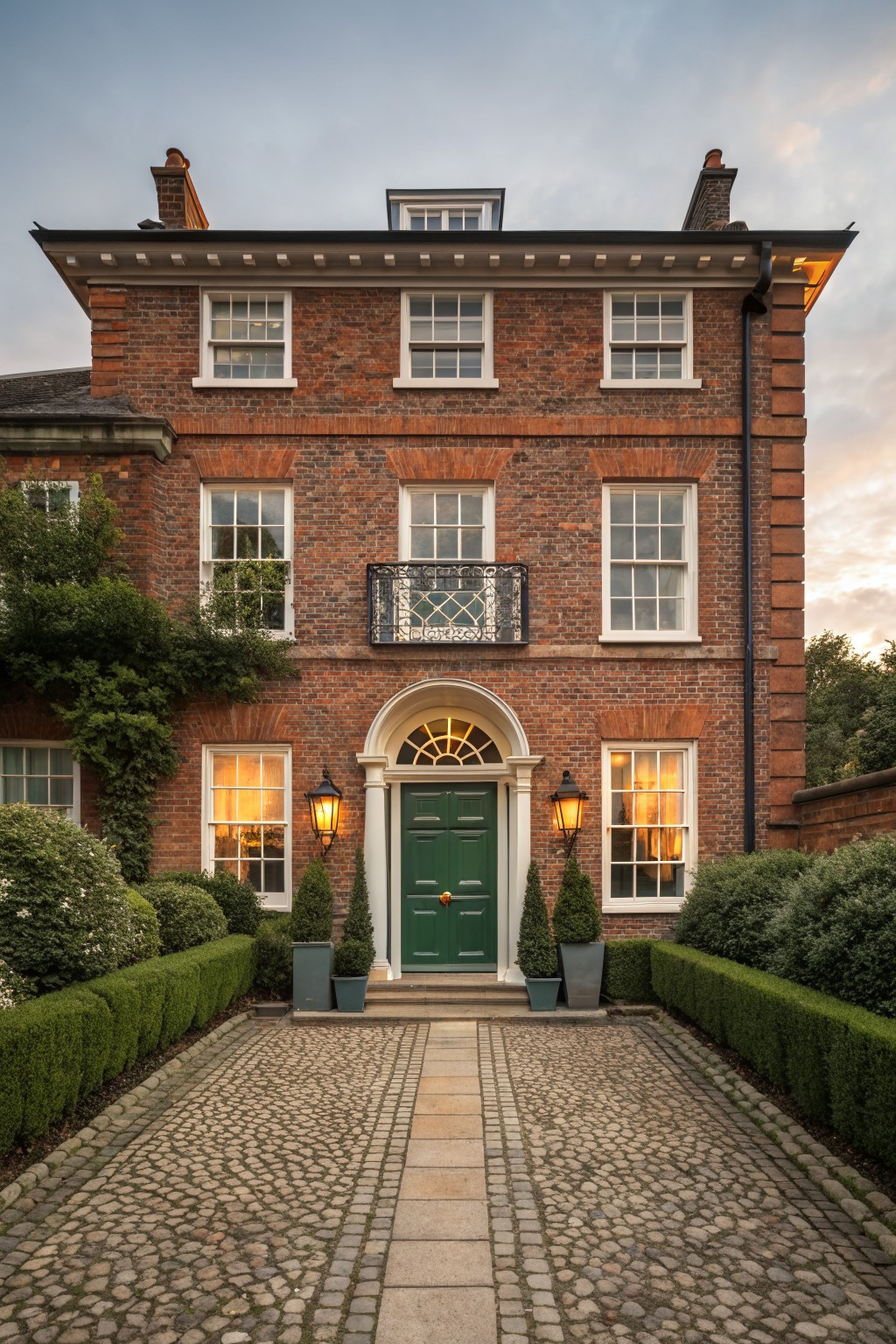 Three-story red brick house with Georgian-style architecture, green front door, white sash windows, lanterns, boxwood topiaries in pots, hedges, and a cobblestone pathway at dusk.
