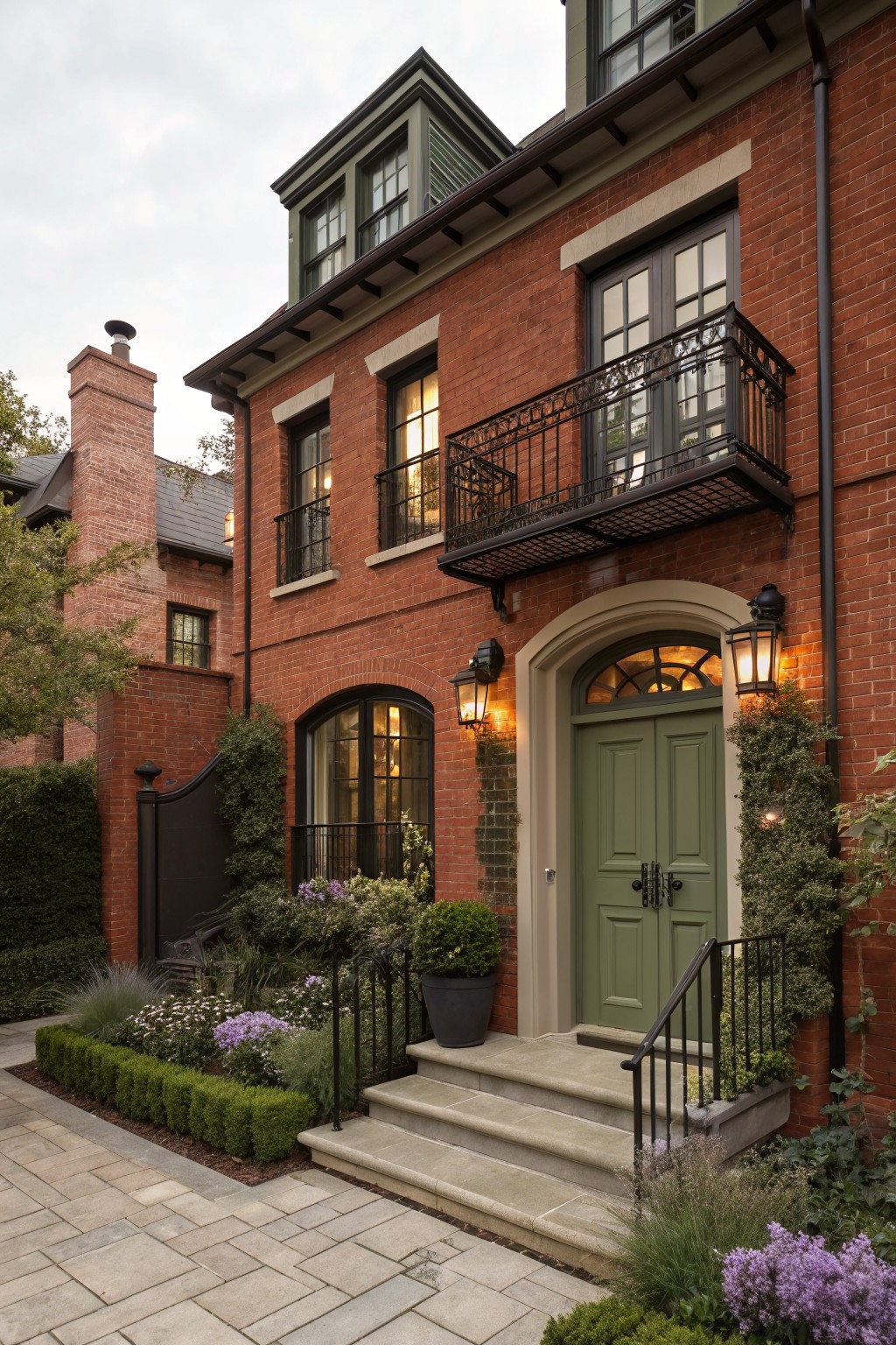 Red brick house exterior with a green double front door in an arched entryway, flanked by lanterns, black metal balcony above, steps, and low landscaping.